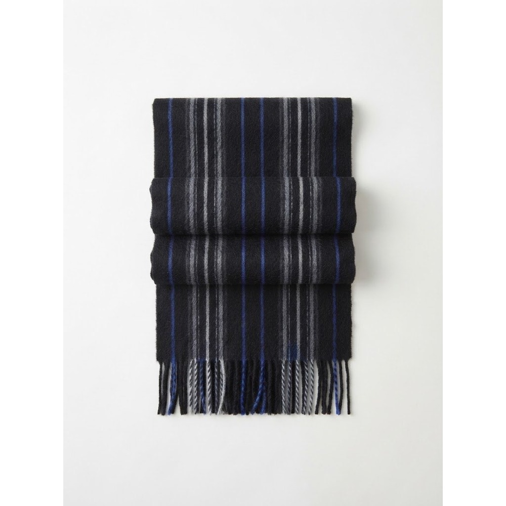 Andrew Stewart 100% Cashmere Scarf Made in Italy Black Blue Striped Fringe Scarf